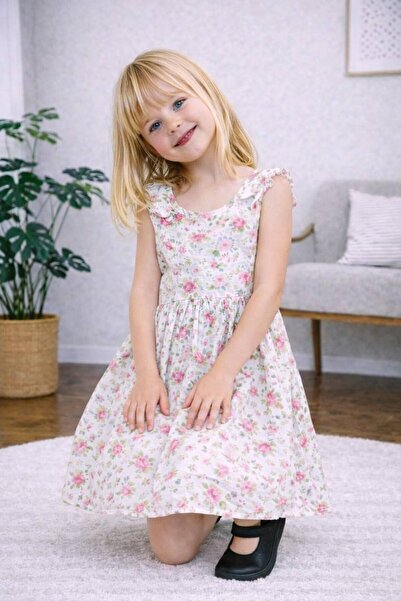 ARBİ kids فستان أنيق للفتيات من القطن بنسبة 100% مع ظهر من القماش المنسوج المزين بالزهور وتفاصيل فيونكة، مناسب للمناسبات.