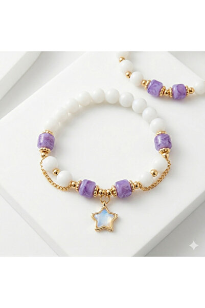 karma bujiteri Siorella Purple White Beaded Star Figured Dangle Stylish Bead Bracelet Handmade Women's Jewelry