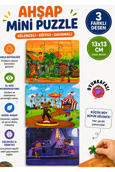 OYUNKAFASI Ahşap Mini Puzzle 3’lü Set (13x13 cm) | Eğitici Çocuk Yapboz Oyunu