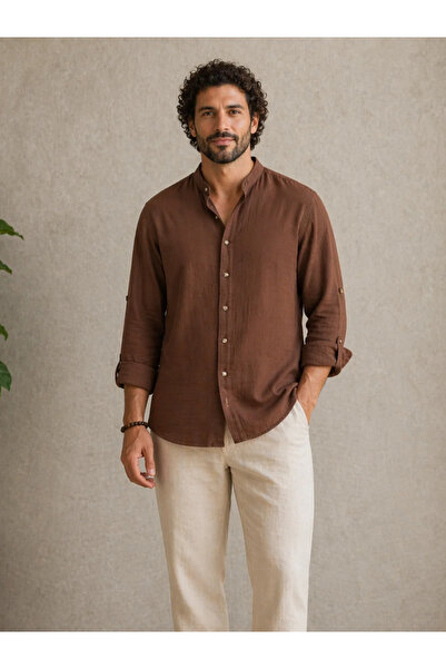 FıttingRoom Oversized Apolet Folded Cotton Muslin Brown Judge Collar Shirt