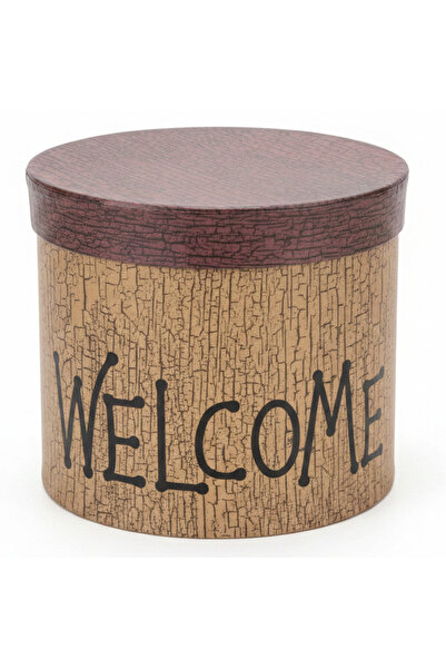 AKDC Vintage Crackle Tan Round Cardboard Gift Box with Welcome Text Design Li...