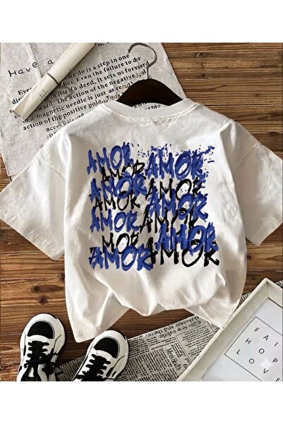 LELVANİ Women's Colorful Amor Text Printed White T-Shirt