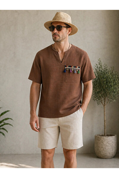 FıttingRoom Oversize Bohemian Muslin Cotton Brown Tshirt