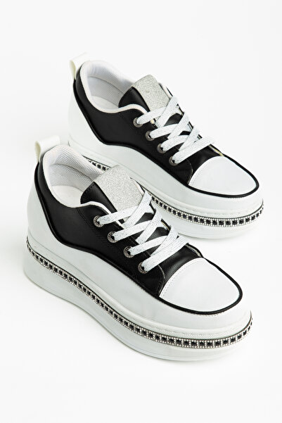 SNİCKER Black-White Hidden Heel Sole with Stone Laces Sports Shoes Shiny