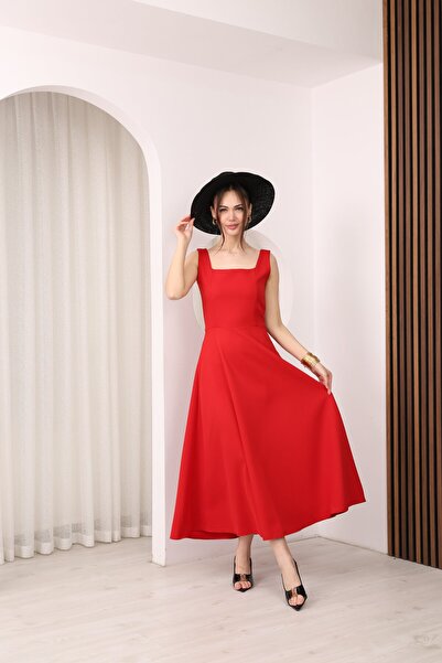sahraozluk Square Neck Side Zipper Detailed Princess Dress Red