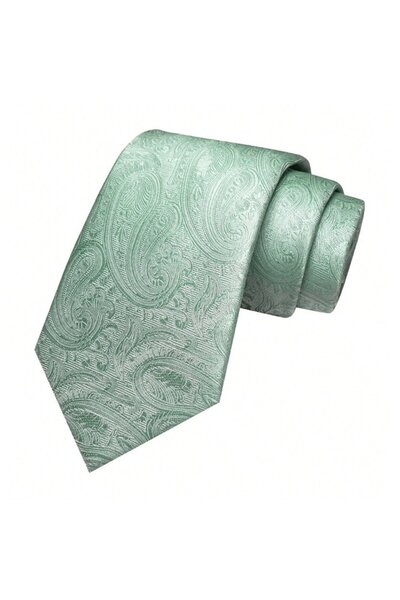 The Casius. Set cravata barbati 5 piese, model abstract, satin tip matase, cu ac de cravata argintiu, batista, butoni si ac rever, ideal cadou, business si evenimente elegante, verde deschis