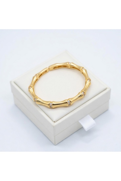 CALIMA 304 Stainless Steel 18K Gold Plated Bamboo Design Bracelet with CZ Sto...