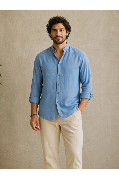 FıttingRoom Oversized Apolet Folded Cotton Muslin Indigo Judge Collar Shirt