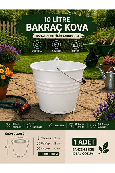 zemihra Metal Saplı Beyaz Bakraç Kova Banyo Mutfak Bahçe Çok Amaçlı Saplı Kov...