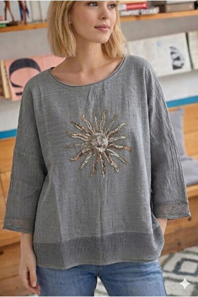 AYASOFYA OTANTIK Γυναικεία γκρι μπλούζα με κέντημα με πούλιες, με διχτυωτή λε...