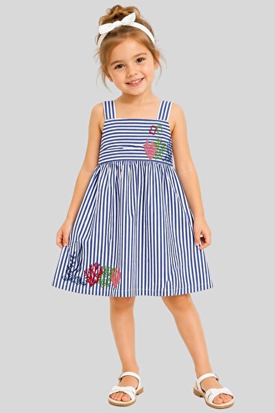 Haribo Κοριτσίστικο ριγέ φόρεμα με κεντημένο θαλασσινό θέμα και τιράντες