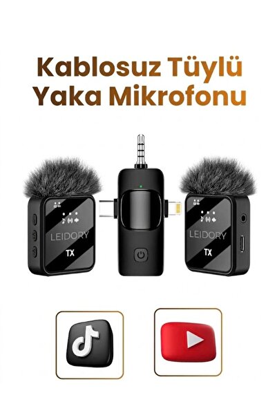 LEIDORY Kablosuz Tüylü Yaka Mikrofonu Wireless Canlı Yayın IOS ve Android Uyu...