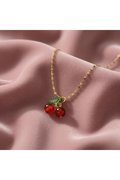 CALIMA 304 Stainless Steel 18K Gold Plated Cherry Necklace & Earrings Set - Red Fruit Pendant Jewelry for Women