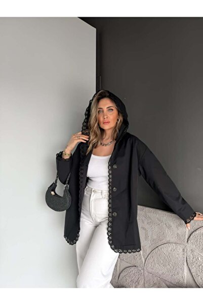 Zerrincan Giyim Siyah Fisto Şeritli Kapşonlu Trençkot