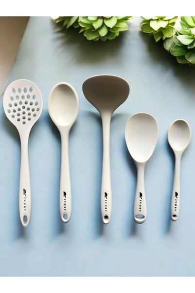Perağ Ivory Heat Resistant Silicone Colander Spoon Set 5 Pieces 2 8Cm/22Cm/20Cm Spoons 28cm Colander/Spoon