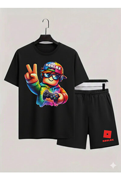 MAGORS Roblox Printed 100% Cotton Crewneck Children's T-Shirt-Shorts Two-Piec...