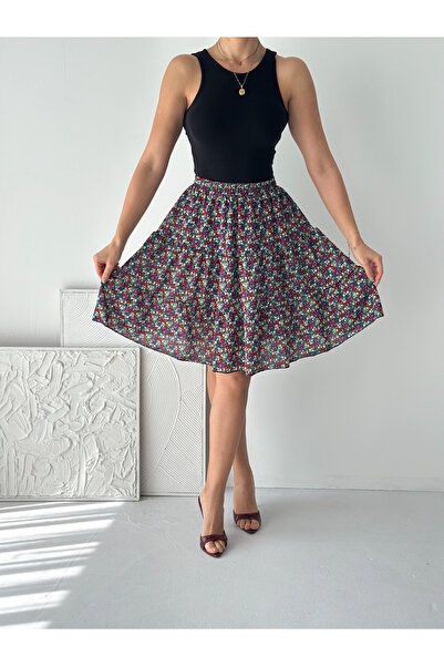 MaxiMor Fusta de damă cu model floral, din țesătură plisată, cu talie elastic...