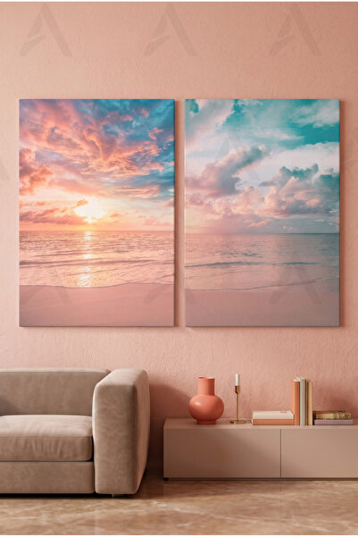 Artease Set of 2 Minimal Beach Sunset Canvas Paintings