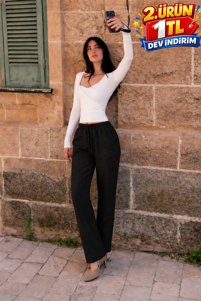 DAMGA JEANS Γυναικείο παντελόνι Jogger με ελαστική μέση και μαύρο λινό ύφασμα