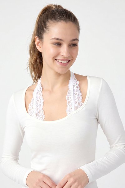 Abruzzo White Lace Tied Slim Fit Lycra Long Sleeve Women's Blouse