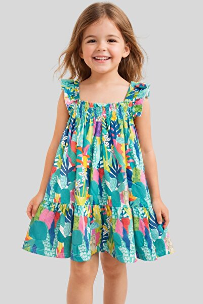 Haribo Κοριτσίστικο καλοκαιρινό φόρεμα με τροπικά σχέδια, βολάν και λεπτομέρε...