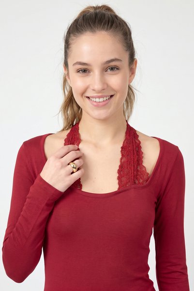 Abruzzo Burgundy Lace-Up Slim Fit Lycra Long Sleeve Women's Blouse