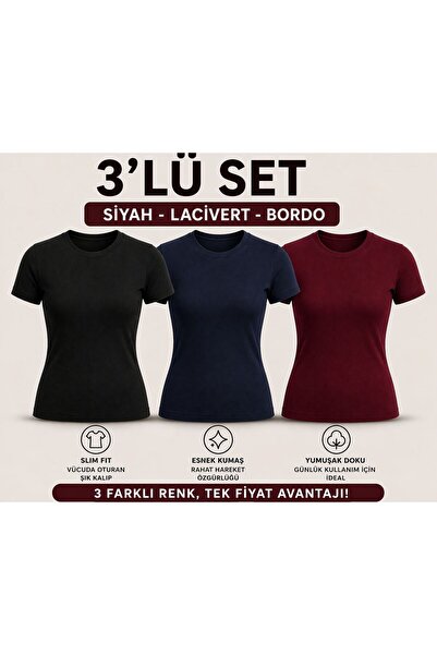 meymers Σετ 3 γυναικείων βασικών μπλουζών με λεπτή εφαρμογή, εύκαμπτο ύφασμα,...