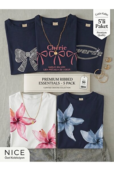 NİCE Γυναικείο Σετ 5 τεμαχίων με στάμπα και πέτρινη στάμπα - Κοντομάνικο μπλο...