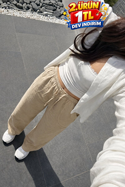 DAMGA JEANS Γυναικείο Premium Jogger Relax Fit Καλοκαιρινό Μπεζ Λινό Παντελόνι