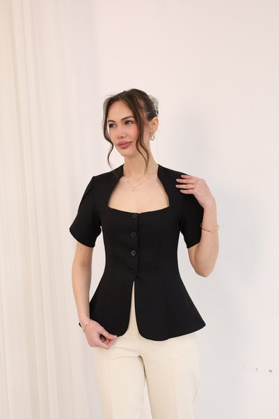 sahraozluk Padded Square Collar Front Buttoned Blouse Black