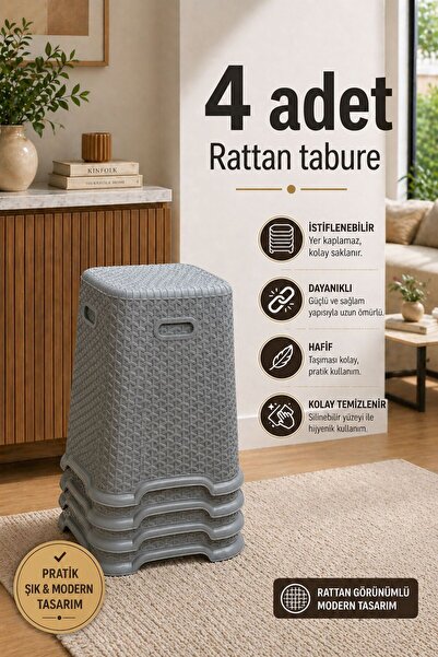 Funny Life 4 Adet Hobby Life Rattan Desenli Tabure - Kaydırmaz Tabanlı Lüks T...