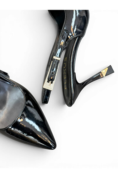 HANZE Women's Stiletto Black Patent Leather Pointed Toe Medium Heel Stone Buc...