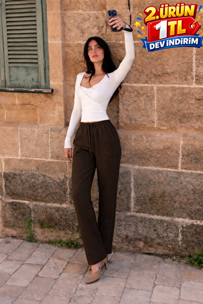 DAMGA JEANS Γυναικείο παντελόνι Jogger με ελαστική μέση, σκούρο καφέ λινό