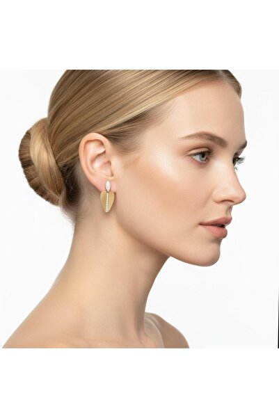 Luyiaccessory 14K Zirkon Taşlı Yaprak Küpe