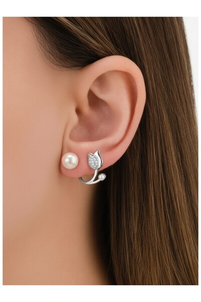 ATALYA ACCESSORY Pearl Tulip Model Silver Color Women's Steel Earrings