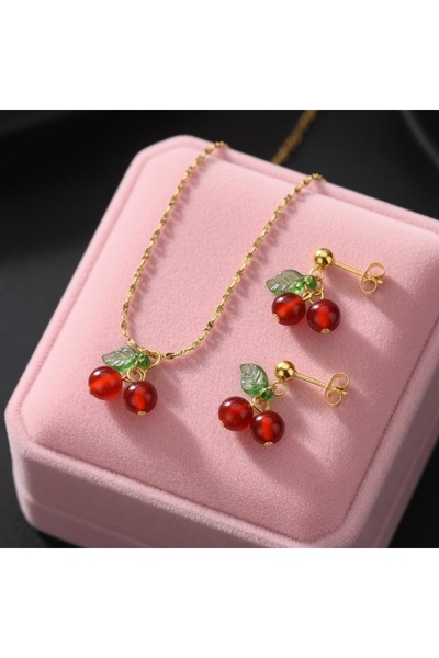 CALIMA 304 Stainless Steel 18K Gold Plated Cherry Necklace & Earrings Set - R...
