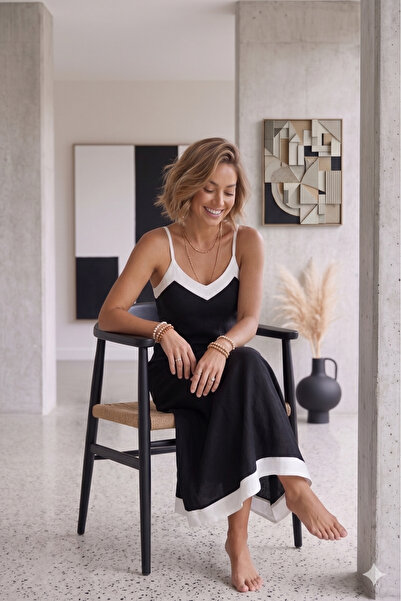 Modayakamoz Νέα σεζόν Γυναικείο φόρεμα με λαιμόκοψη V και λεπτομέρεια αντίθεσ...