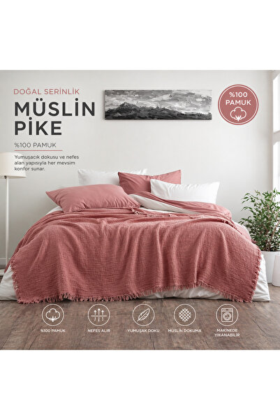 4 Katlı Müslin %100 Pamuk Pike - Yatak Örtüsü - Tv Battaniyesi 200x220