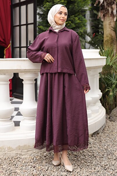 İmajButik Plum Buttoned Sleeve Lace Shirt and Skirt Set