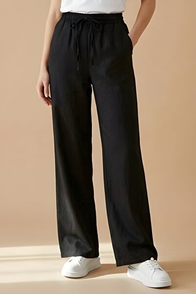 İmajButik Μαύρο τζιν παντελόνι παλάτσο με ελαστική μέση