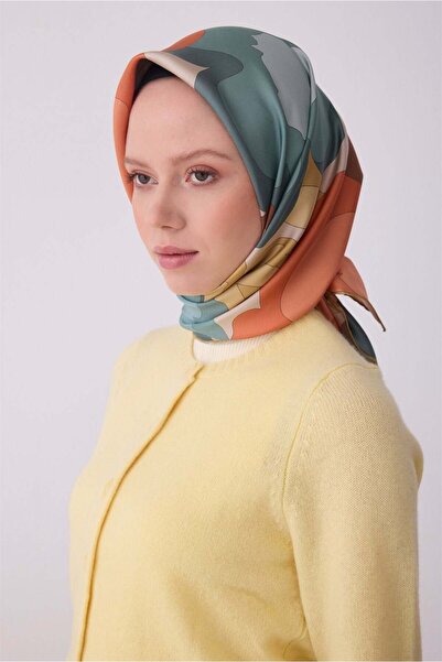 Belli Petrol Çok Renkli Çiçek Desen %100 Twill İpek Eşarp 4306-80