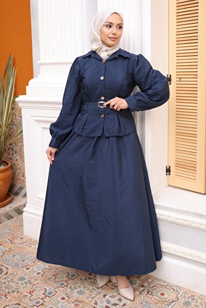 İmajButik Σετ πουκάμισο και φούστα σε ναυτικό μπλε με κουμπιά και ζώνη