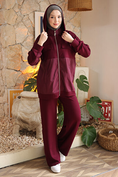 İmajButik Σετ Modal με παντελόνι τουνίκ Plum συνδυασμός υφασμάτων