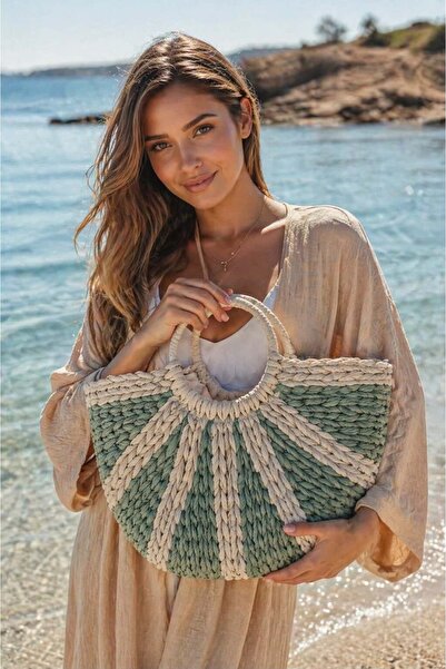 MARBERRY Γυναικεία τσάντα από ψάθα, πλεκτή στο χέρι, σε χρώμα μέντας – 40x25 εκ.