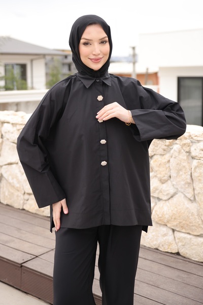 İmajButik Μαύρο πουκάμισο με φαρδιά μανίκια και κουμπιά