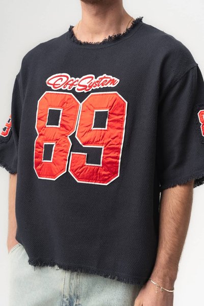 go gang own Eight Nine Fringed and Patch Detailed Crew Neck Oversize T-Shirt