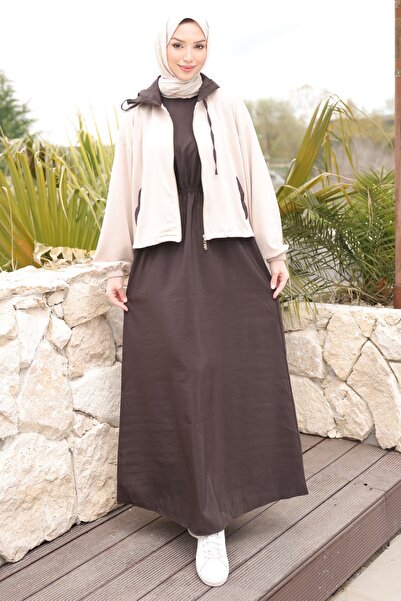 İmajButik Μπεζ Ζακέτα Φόρεμα με Γαρνιτούρες, Διπλό Σετ