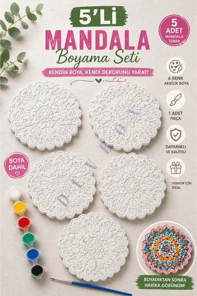 devhome Mandala Boyama Seti 5’li – 6 Renk Boya ve Fırça Dahil – Anne Çocuk Ak...