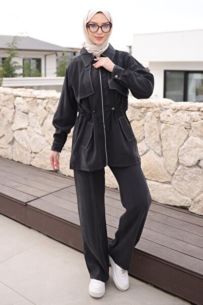 İmajButik Μαύρο ελαστικό μπουφάν με φερμουάρ και παντελόνι