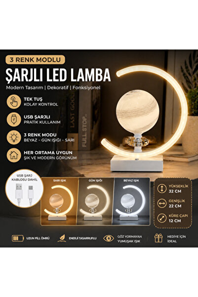 voliX Dizayn Modern LED Işıklı Dekoratif Küre masa Lamba 3 Renk Modlu Şarjlı ...